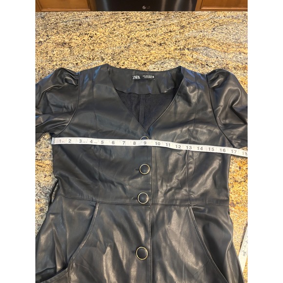 ZARA Black Faux Leather Puff Sleeve Button Front Midi Dress Size M‎ - Picture 3 of 9